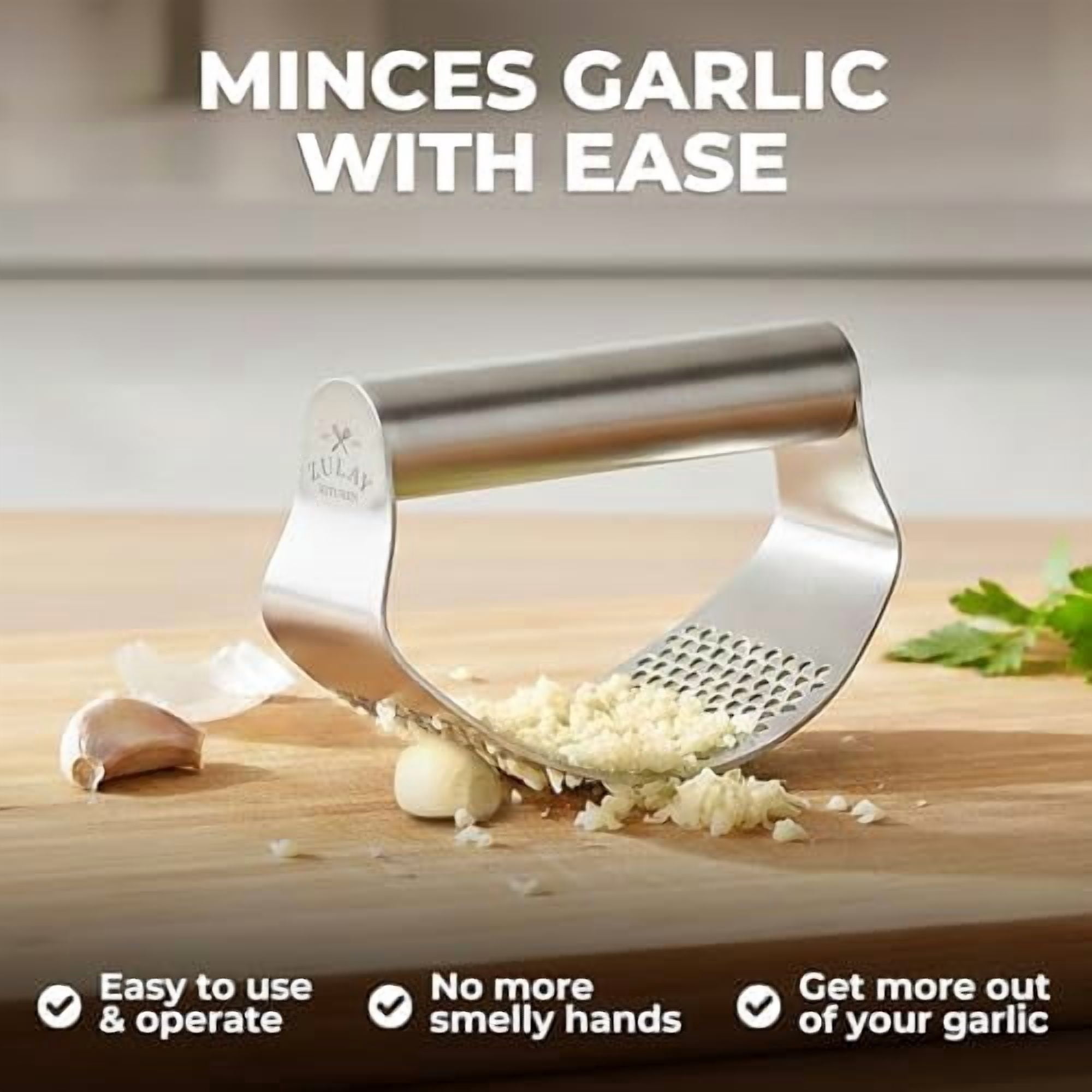 Stainless Steel Garlic Press Rocker Set - Time Saving, Durable Strong Garlic Mincer Tool - Easy to Use & Clean Garlic Crusher Set with Peeler and Scraper Kitchen Gadget Smasher