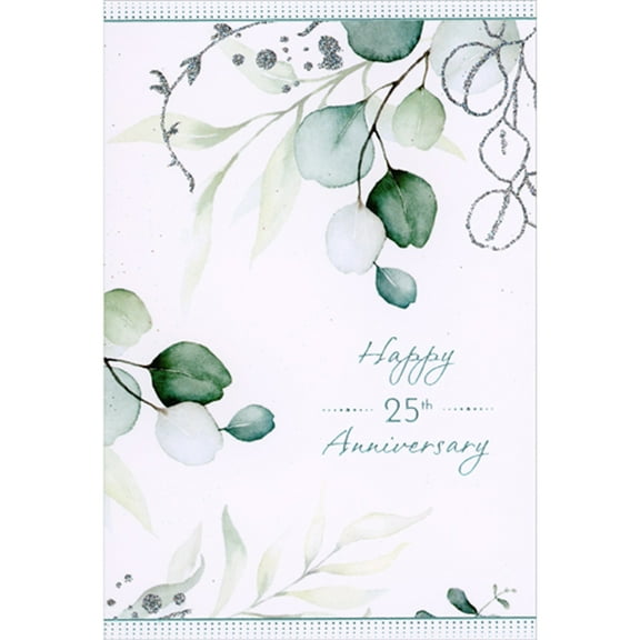 Pictura Watercolor Pale Blue and Green Leaves and Silver Glitter Branches 25th / Twenty-Fifth Anniversary Card