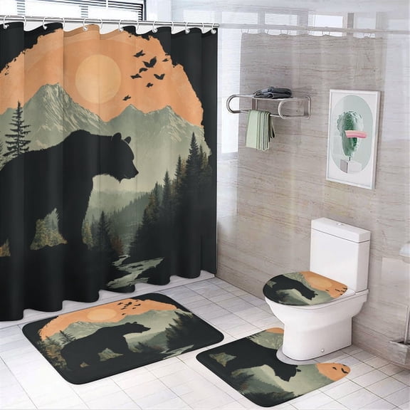 Shower Curtain 4 Piece Sets Bear And Mountain Shower Curtain Set with Curtain Rug Toilet Cover And U Shaped Mat Mountain Forest Bathroom Decor Set with Accessories for Bathtub Decor 72inch X 72inch