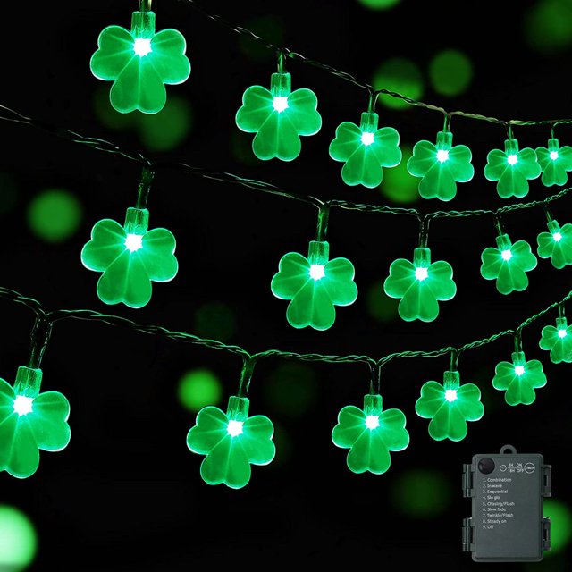 St. Patricks Day Shamrocks Lights 10FT 20LED Outdoor Decorative String Lights Battery Operated Lucky Clover Light with Twinkle Waterproof for Party Garden Home Decor