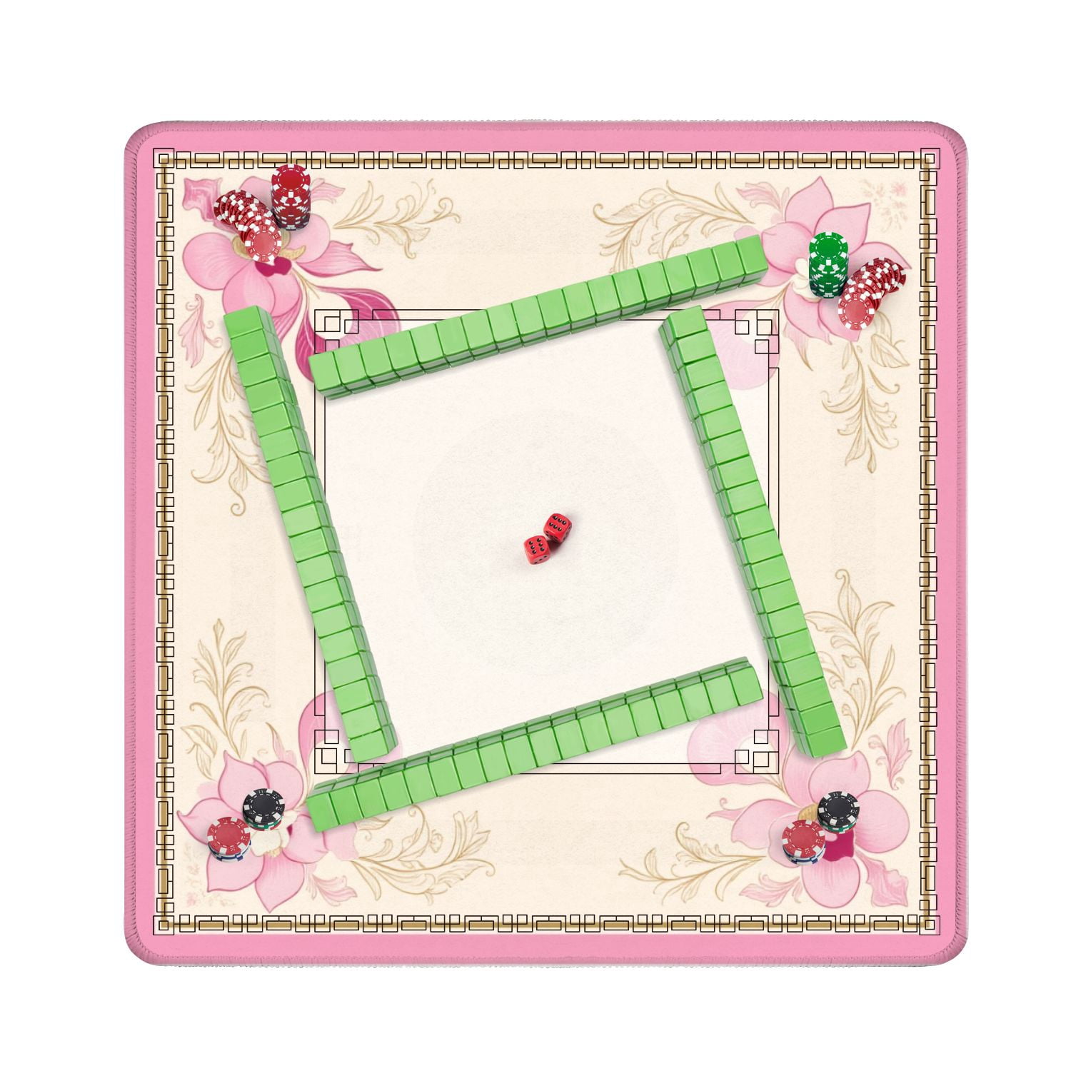 Mahjong Mat 31.5" x 31.5" Pink Floral Corner Frame Elegant Swirls Soft Pastel Design Non-Slip Noise Reduction American Mahjong Tiles Table Cover for Dominoes Poker Card Board Games Gift