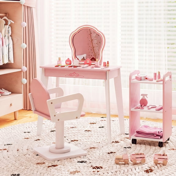 Costway Kids Hair Salon Play Set with LED Lighted Mirror, Swivel Barber Chair, Rolling Cart
