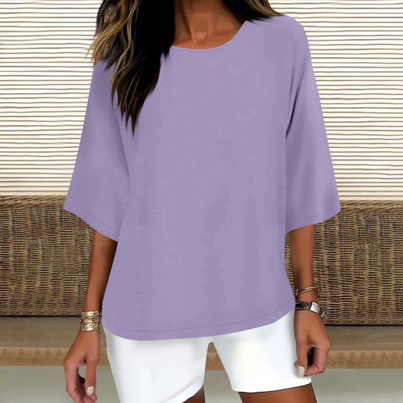CUSTG Women Casual Blouses Simple Stylish Women Shirts For Everyday Wear Trendy 3/4 Sleeve Blouses For Summer Versatile Solid Color Tops Breathable Dailywear