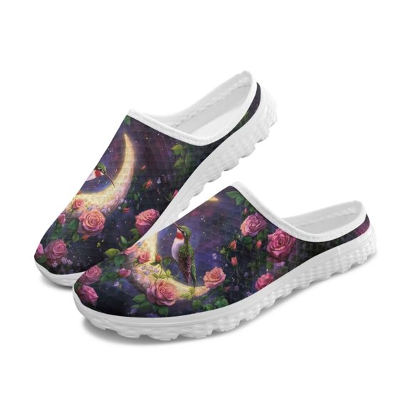 POLERO Galaxy Moon Hummingbird Mules for Women Shoes Slip on Sneakers Mesh Flats Lightweight Breathable Walking Shoes Hummingbird Slippers Beach Sandals