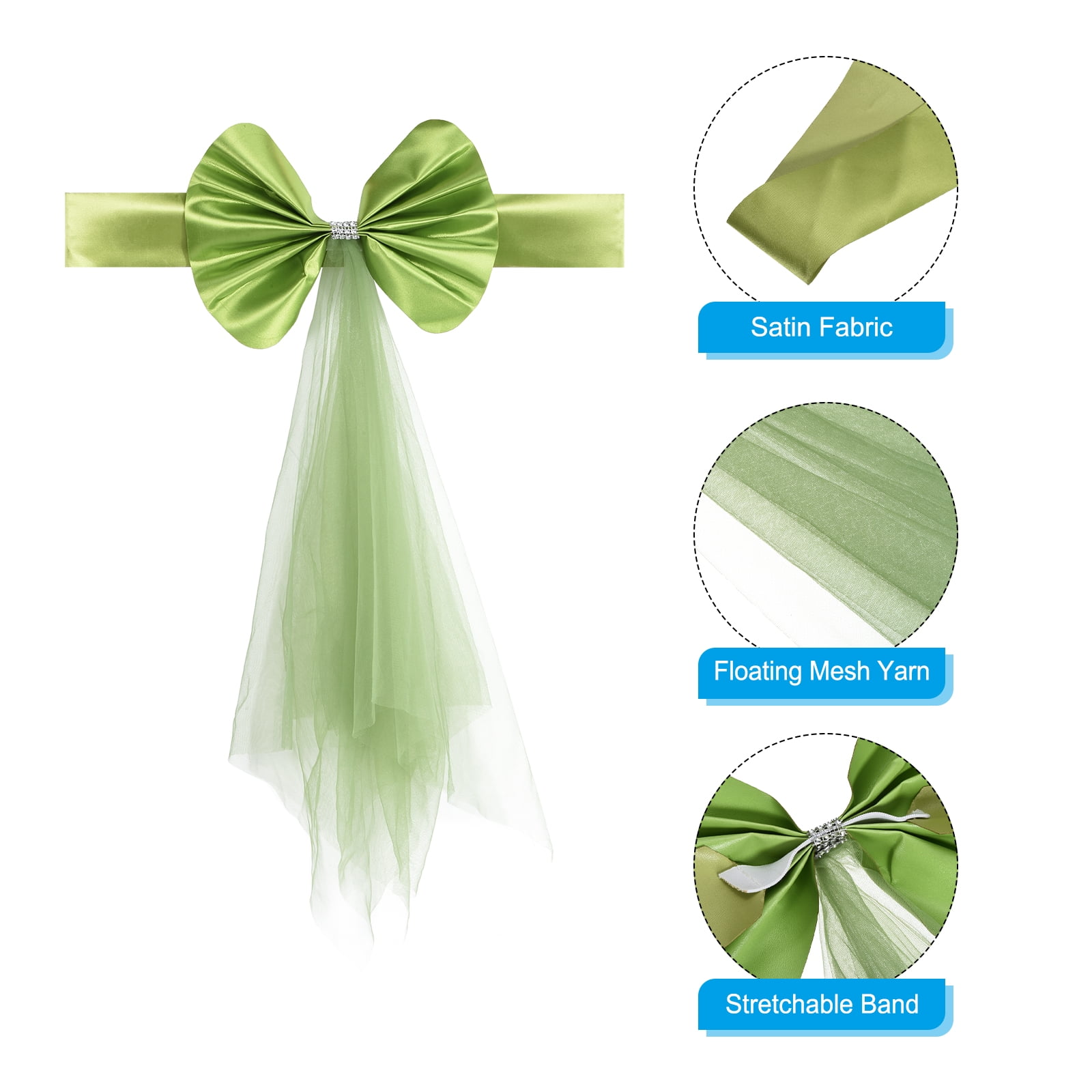 Unique Bargains Stretch Satin Chair Sashes Bows Chair Bands Decoration with Mesh Yarn 12 Green
