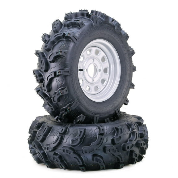 WANDA ATV Tire & wheel 25x10-12 Super Mud with 4-110 PCD 5 2 Silver Wheel-17035,SET 2