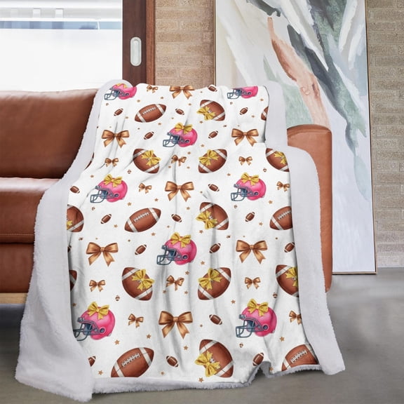 Football Bow White Pattern Soft Sherpa Fleece Throw Blanket, Warm Cozy Plush Blanket for Sofa Bed Couch, All Season, 60"x80"