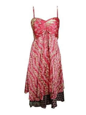 Mogul Women Pink Floral Print Midi Dress Spaghetti Strap Boho Fashion Vintage Dresses S/M