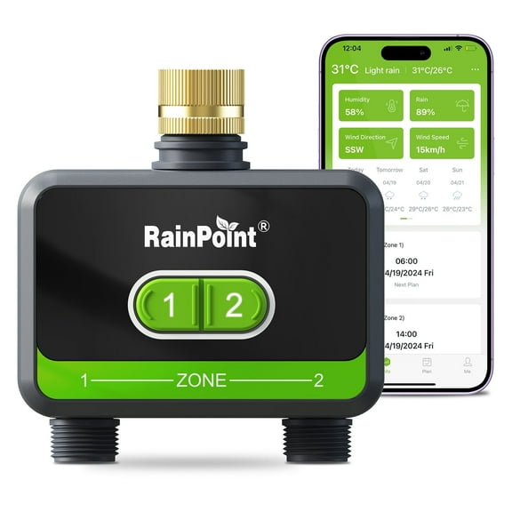 RainPoint Smart Bluetooth Hose Timer 2 Outlet Sprinkler Timer App Control,HTV201B Water Timer Only (Not Hub)