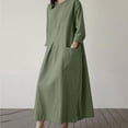 thumbnail image 4 of Women Cotton Linen Maxi Dress 3/4 Sleeve Crewneck Slit Shift Dresses Plus Size Casual Fall Trendy Oversized Tshirt Dress, 4 of 7