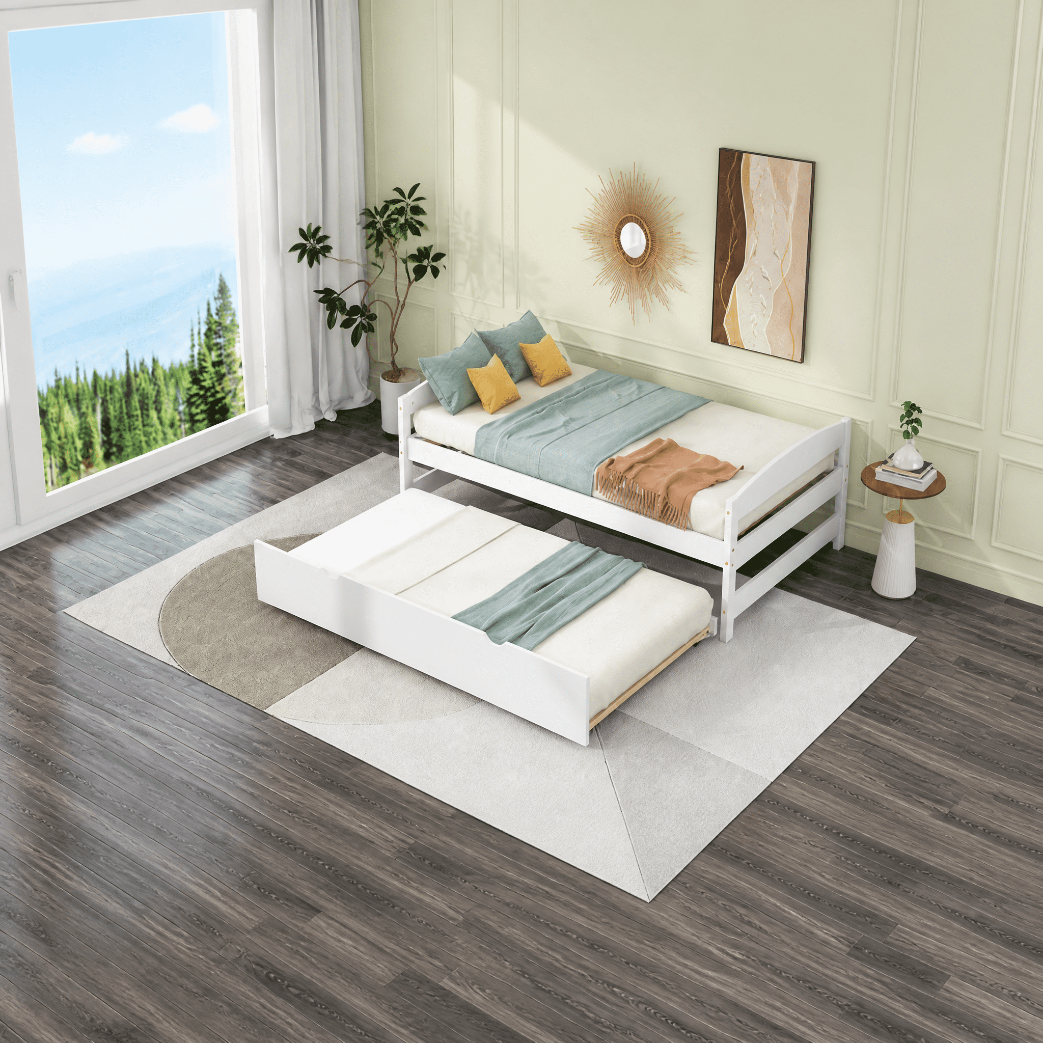 Twin Platform Bed Frame with Twin Pull Out Trundle, Pine Wood & MDF Bed with Headboard Footboard, Wood Slat Support, No Box Spring Needed for Small Bedroom Guest Room