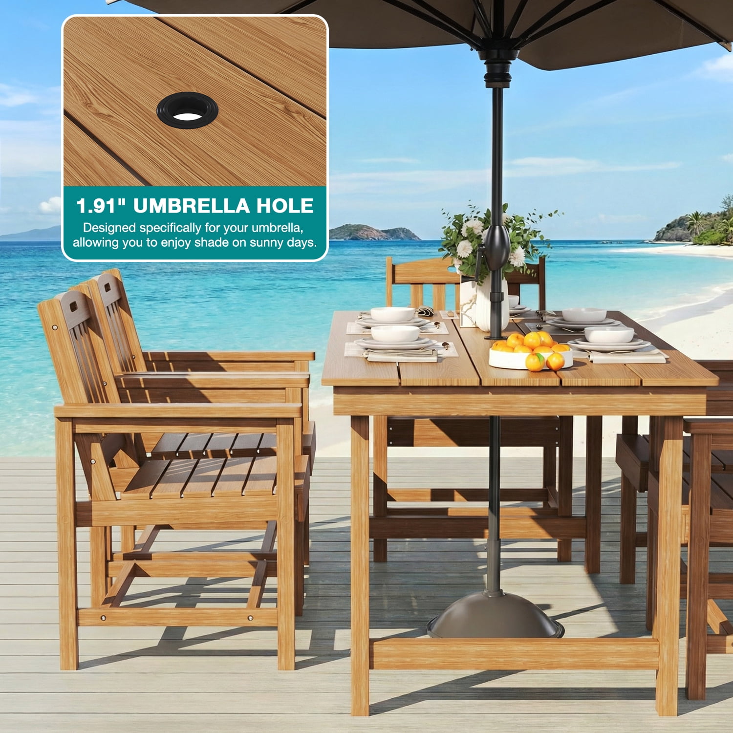 Erinnyees 7-Piece HDPE Outdoor Dining Set, 66.9" Marble Texture Patio Table with Umbrella Hole, and 6 All-Weather Chairs for Yard Deck Porch, Teak