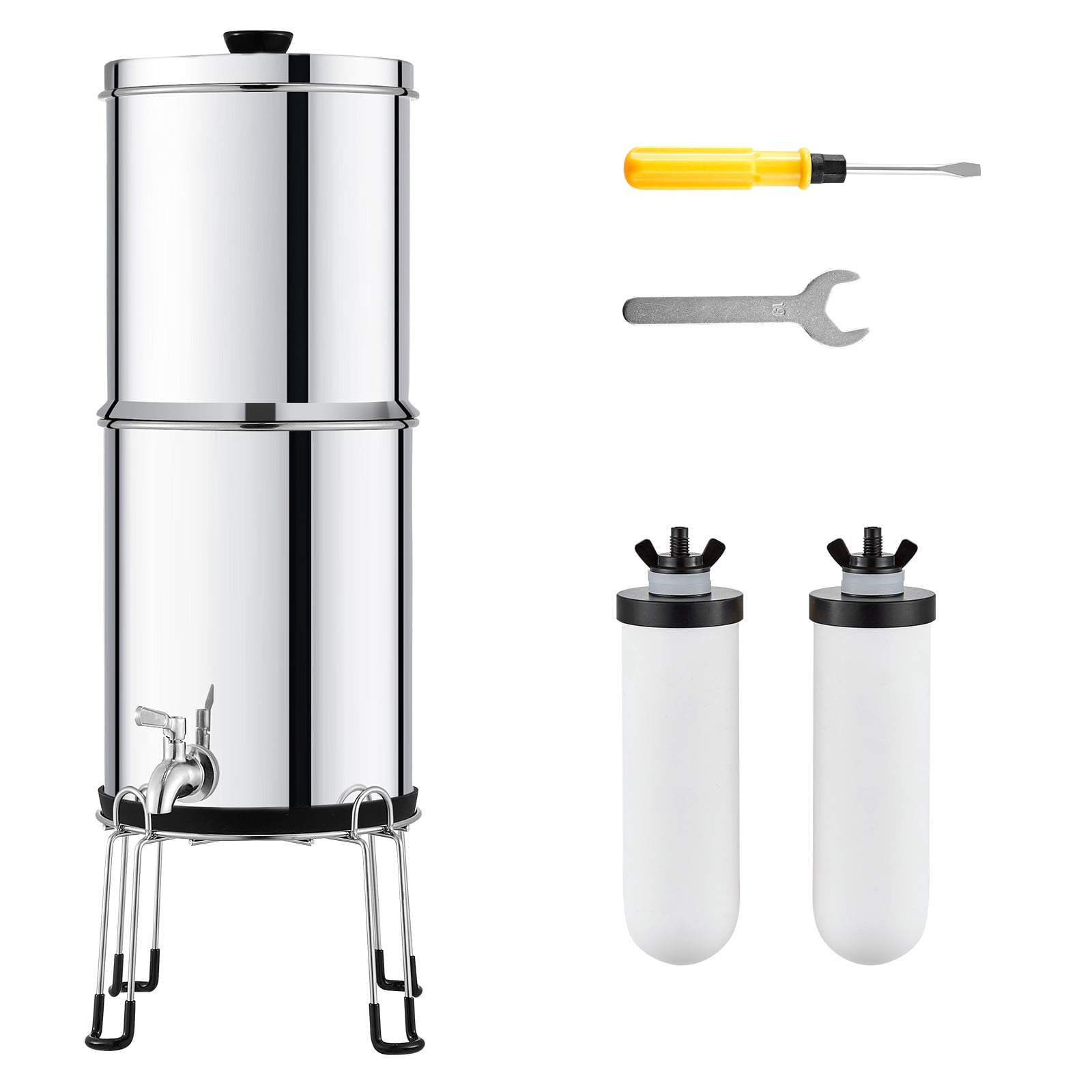 KFFKFF Water Purification Unit, Gravity-Driven, 2.25G 304 Stainless-Steel Tabletop Water Cleaner, Minimizes Lead and up to 99% of Chlorine, Includes 2 Ceramic Carbon Filters, Faucet, and Support