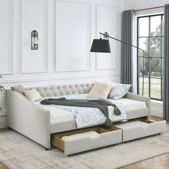 CoSoTower Queen Size Daybed with Drawers Upholstered Tufted Sofa Bed, With Button on Back and Copper Nail on Waved Shape Arms, Beige, 84.5"X63.5"X26.5"