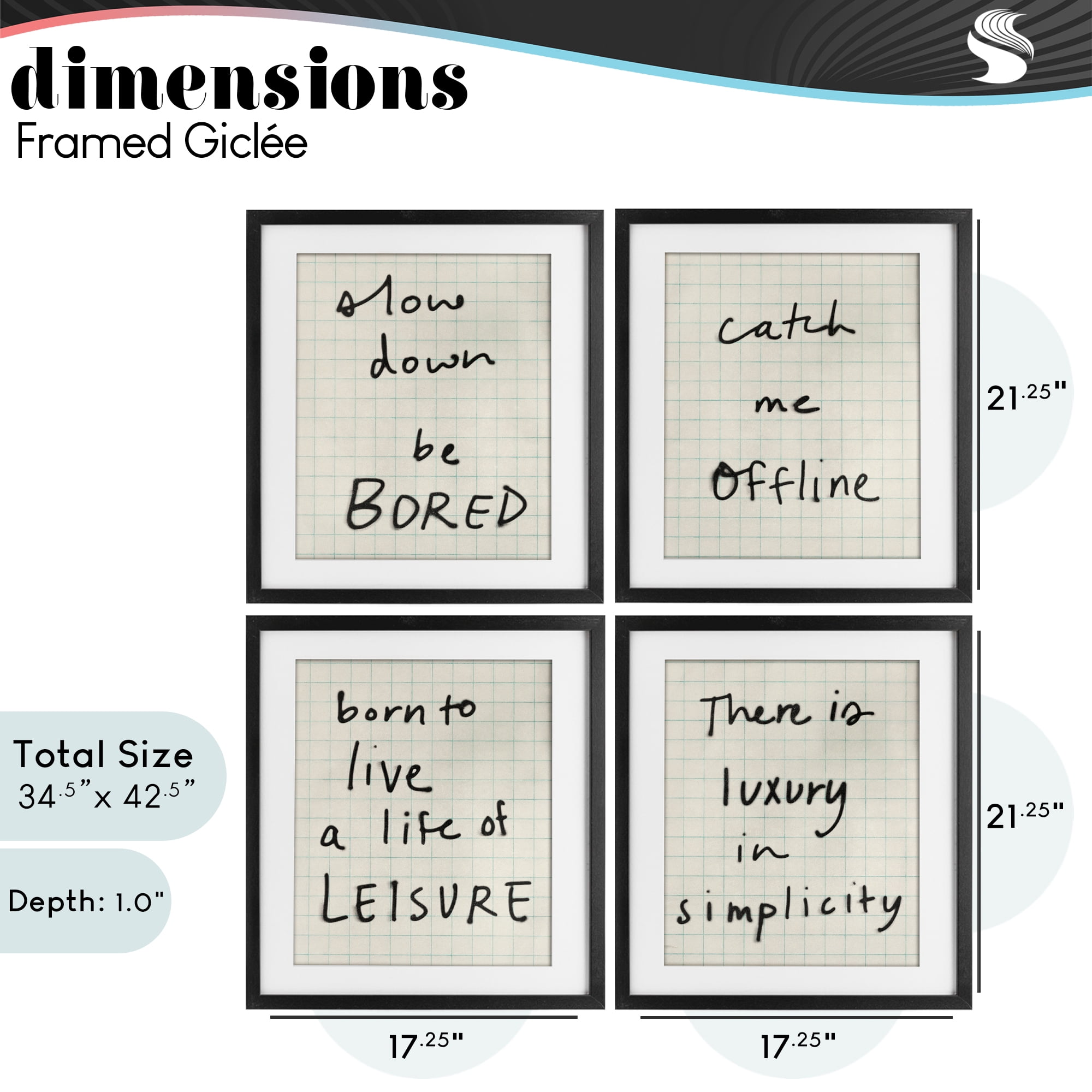 Stupell Industries Bored Scrawl Sayings 4 Piece Black Framed Print Under Glass Set, design by Victoria Barnes