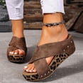 thumbnail image 2 of Rokment Leopard Platform Wedge Sandals for Women Fashion Casual Studded Cross-Band Leather Open Toe Backless Slip on Chunky High Heels Dress Slides Beach Summer Comfortable Brown Size 8.5, 2 of 7