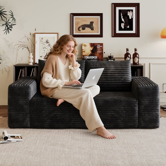 63" Cloud Loveseat Boneless Sofa Couch in a Box, No Assembly Required 2 Seater Foam Compression Couches, Modern Living Room Floor Sofa Couch Corduroy Small Love Seat,Black