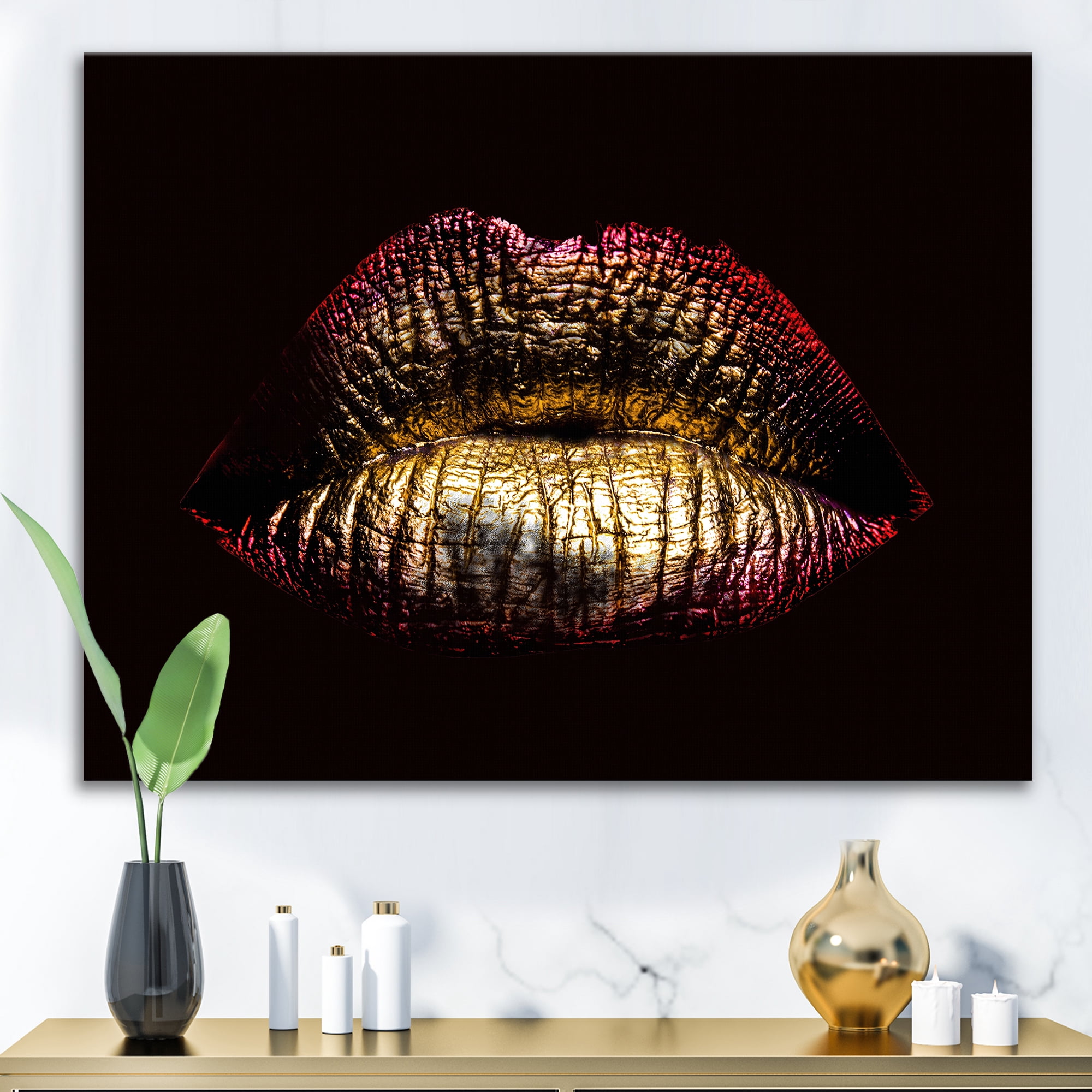 Sexy Golden Metallized Woman Lips IV 12 in x 8 in Photography Canvas Art Print, by Designart