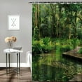 thumbnail image 2 of Shiartex  Jungle Shower Curtain, Deep Forest with Wooden Pier and River Refreshing Exotic Nature Wild Image, Cloth Fabric Bathroom Decor Set with Hooks, Hunter Green Brown White, 2 of 7