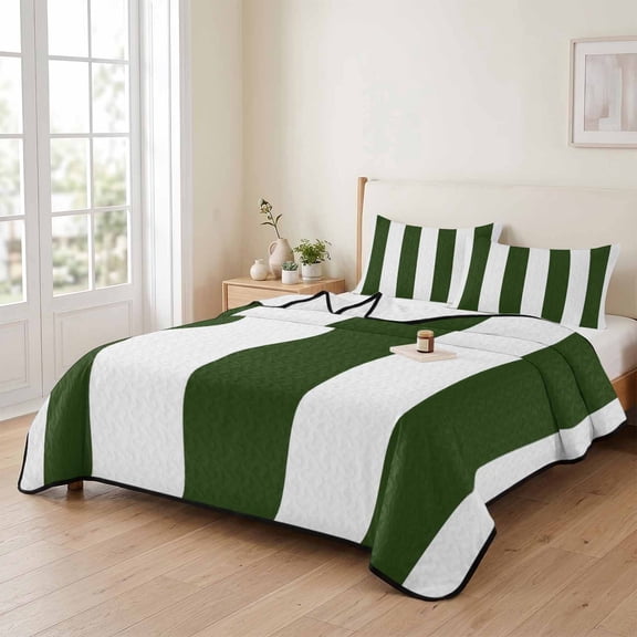 Dark Green White Stripes 3 Pieces Quilt Set,1 Quilt with 2 Shams,Modern Minimalist Lines Bedspread Soft Lightweight Bedding Coverlet Comforter Set for All Season 90"x96"