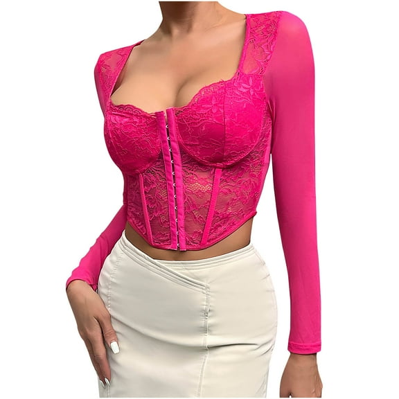 Odeerbi Vintage Corset Tops with Sleeves for Women 2025 Medieval Lace Trim Boned Corset Sexy Mesh Perspective Flower Print Retro Fishbone Strap Waist Corset Hot Pink