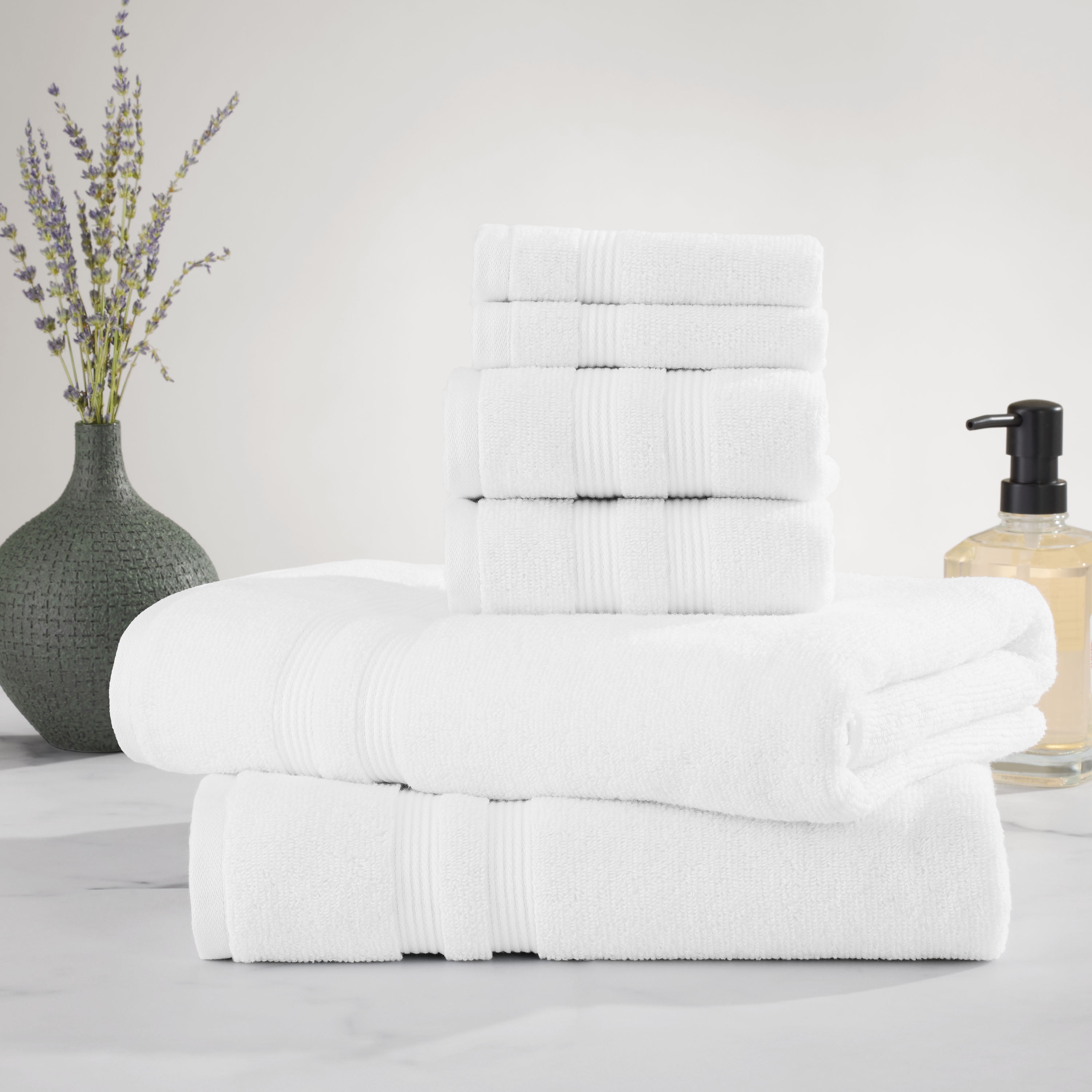 Mainstays Performance 6-Piece Textured Cotton Blend Bath Towel Set, White