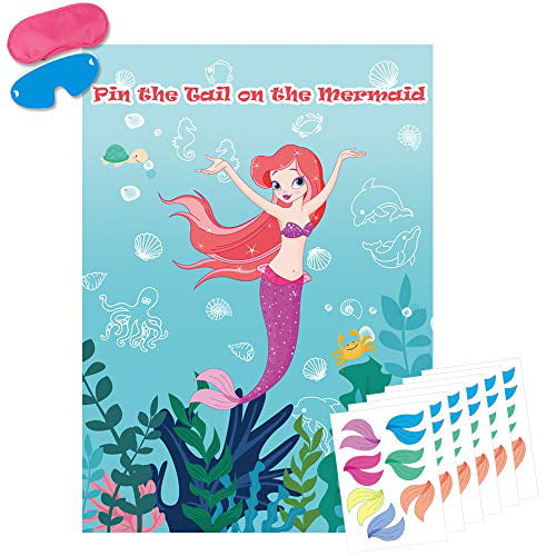 Kids Birthday Party FEPITO Mermaid Party Supplies Pin the Tail on the Mermaid Party Game with 24Pcs Tail Stickers for Mermaid Party Favors 