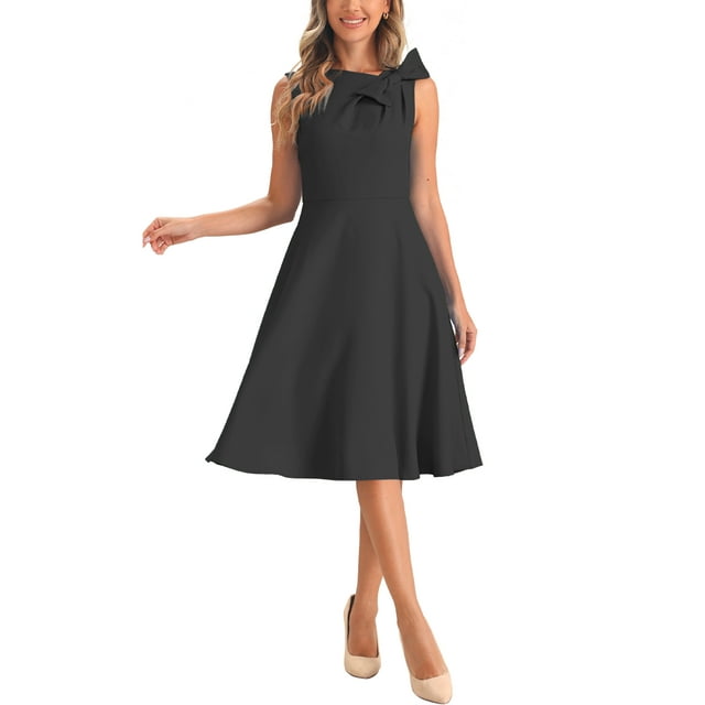 Vestido de cóctel elegante Inspire Chic para mujer, vestido midi formal sin mangas con vuelo, color negro