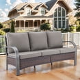 thumbnail image 3 of OPOHORO 75-Inch Wide Outdoor Wicker Patio Sofa, 3-Seat Brown Rattan Lounge Couch with Gray Cushions, Deep Seating for Porch or Backyard, 3 of 9