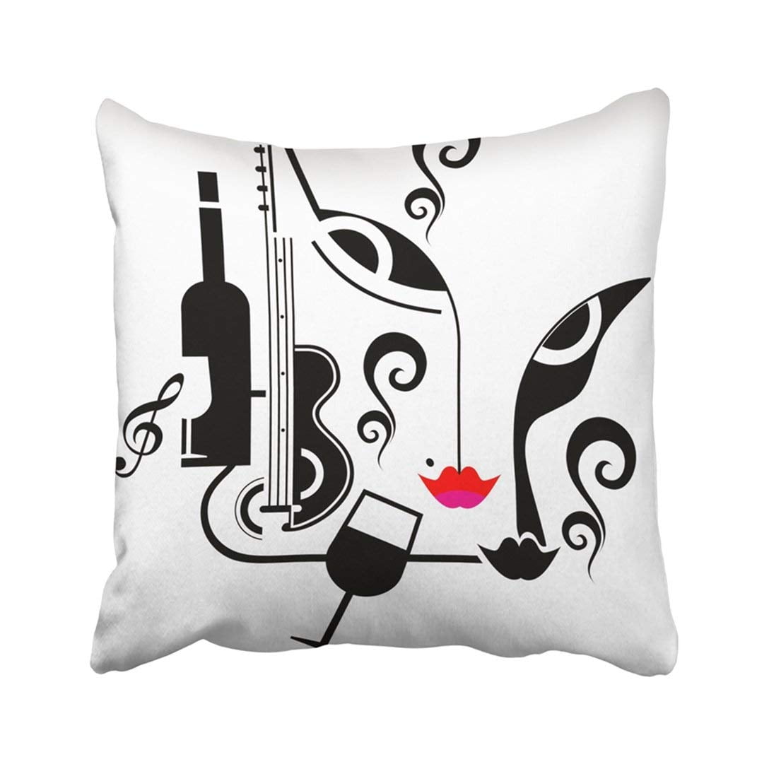 WOPOP Black Wine Abstract Night Party White Jazz Music Lounge Dance Cocktail Drink Guitar Pillowcase 16x16 inch