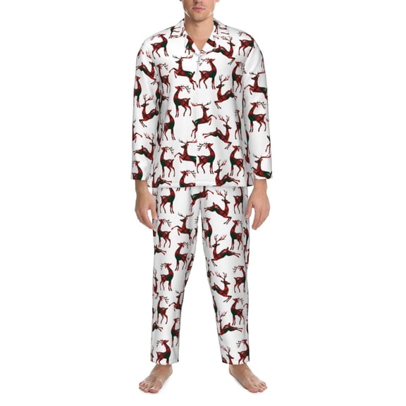 Mens Pajamas Set - Christmas Plaid Moose Comfy Long Sleeve Button Up Pajama Sets for Men 2 Piece, Soft Sleepwear Nightwear Pjs Lounge Sets for Men with Pockets