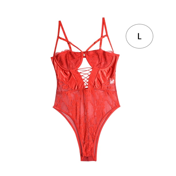Lencería delgada para mujer Ropa de dormir sexy para mujer Body de encaje con tiras, L, Rojo Inevent XX000067-10