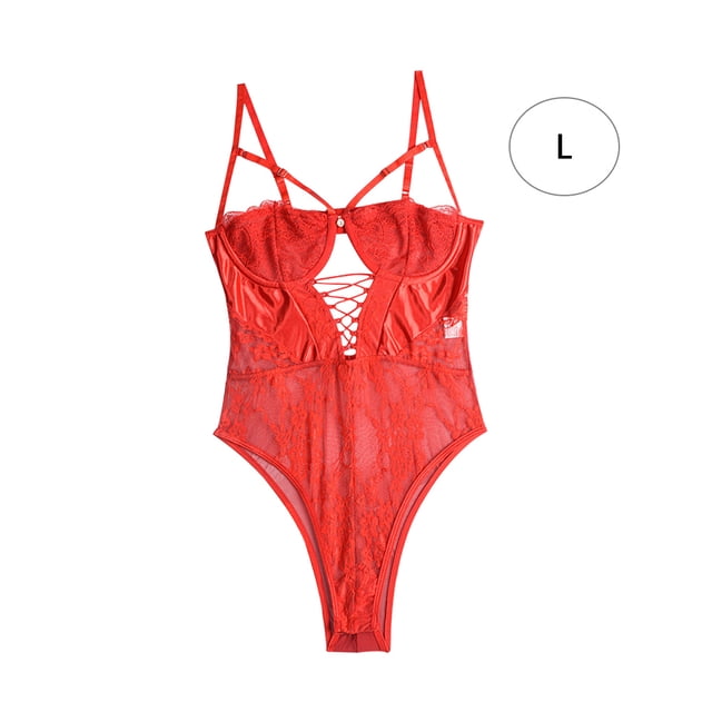 Lencería delgada para mujer Ropa de dormir sexy para mujer Body de encaje con tiras, L, Rojo Jumpingount XX000067-10