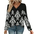 thumbnail image 5 of Enjoytime Tops for Women 2025 Vintage Printed V-Neck Long Sleeve Shirts Business Casual Work Blouses Fashion Fall Winter Clothes Black M, 5 of 7