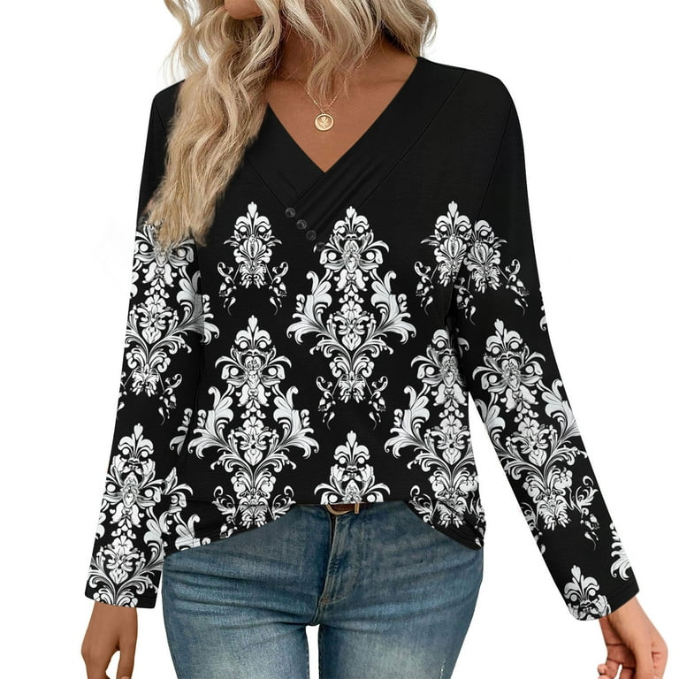 Women's Floral Print Tunic Top - Long Sleeve Loose Fit Blouse For Fall