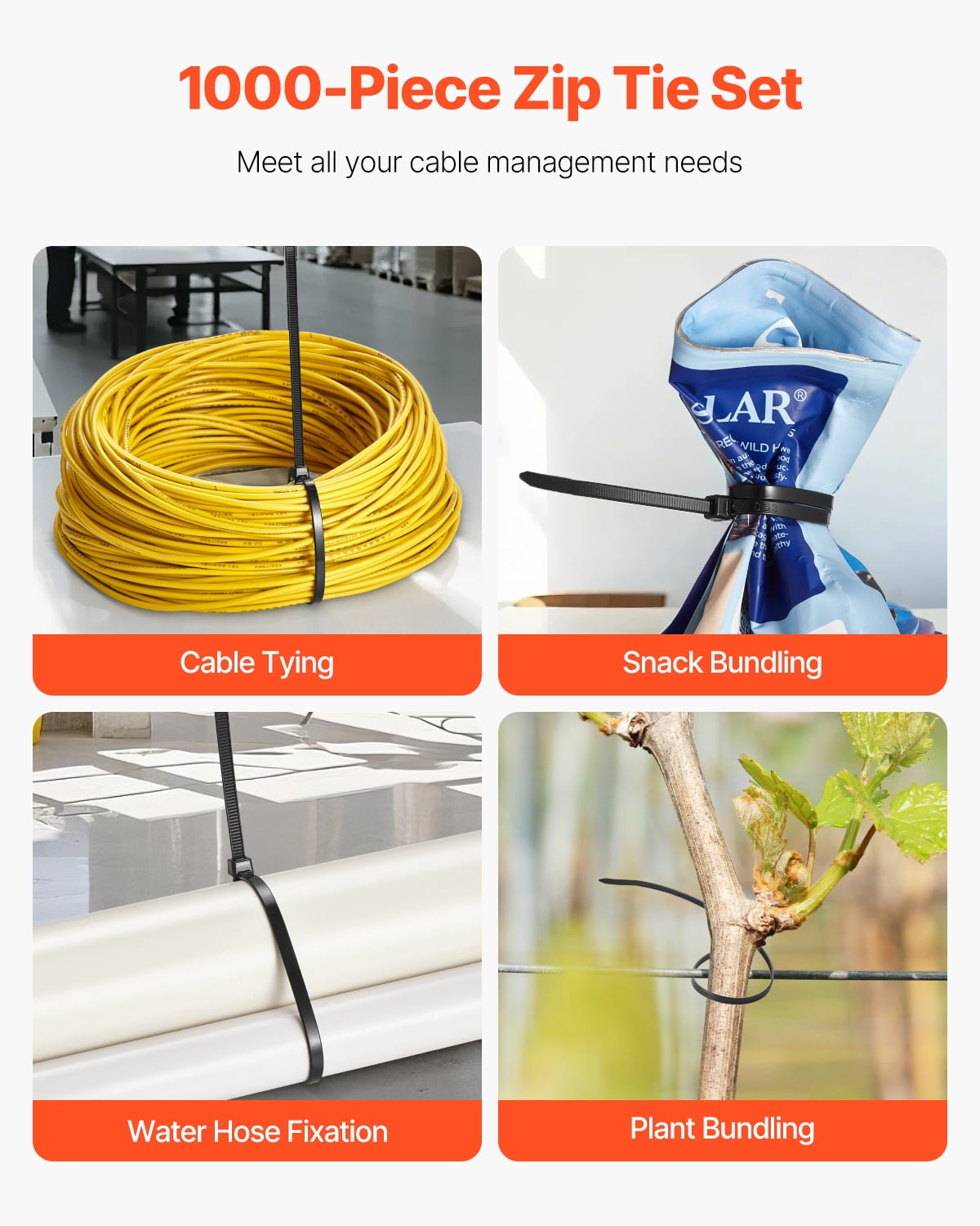 VEVOR 1000 Pack Cable Zip Ties, 12-inch Heavy Duty Cable Wire Ties with 50LBS High Tensile Strength, Multi-Purpose Self-Locking Nylon Tie Wraps, Heat & Cold Resistant for Indoor and Outdoor Use