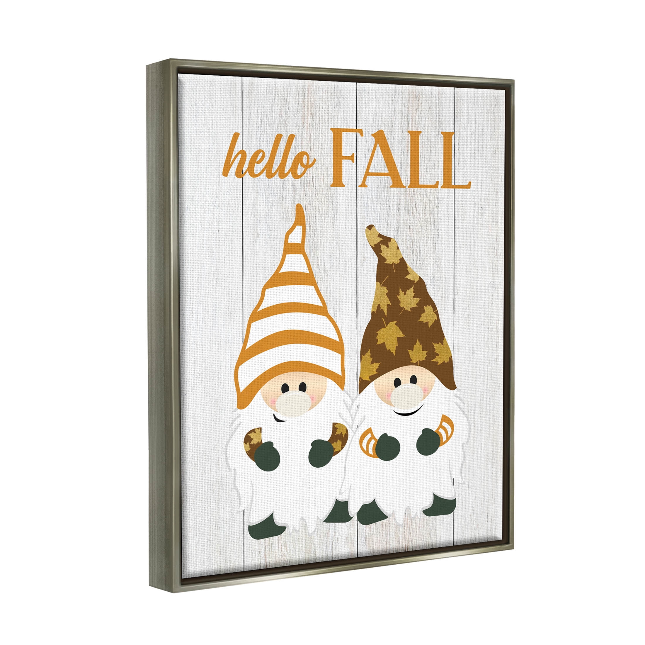 Stupell Industries Hello Fall Whimsical Gnomes Graphic Art Luster Gray Floating Framed Canvas Print Wall Art, Design by CAD Designs