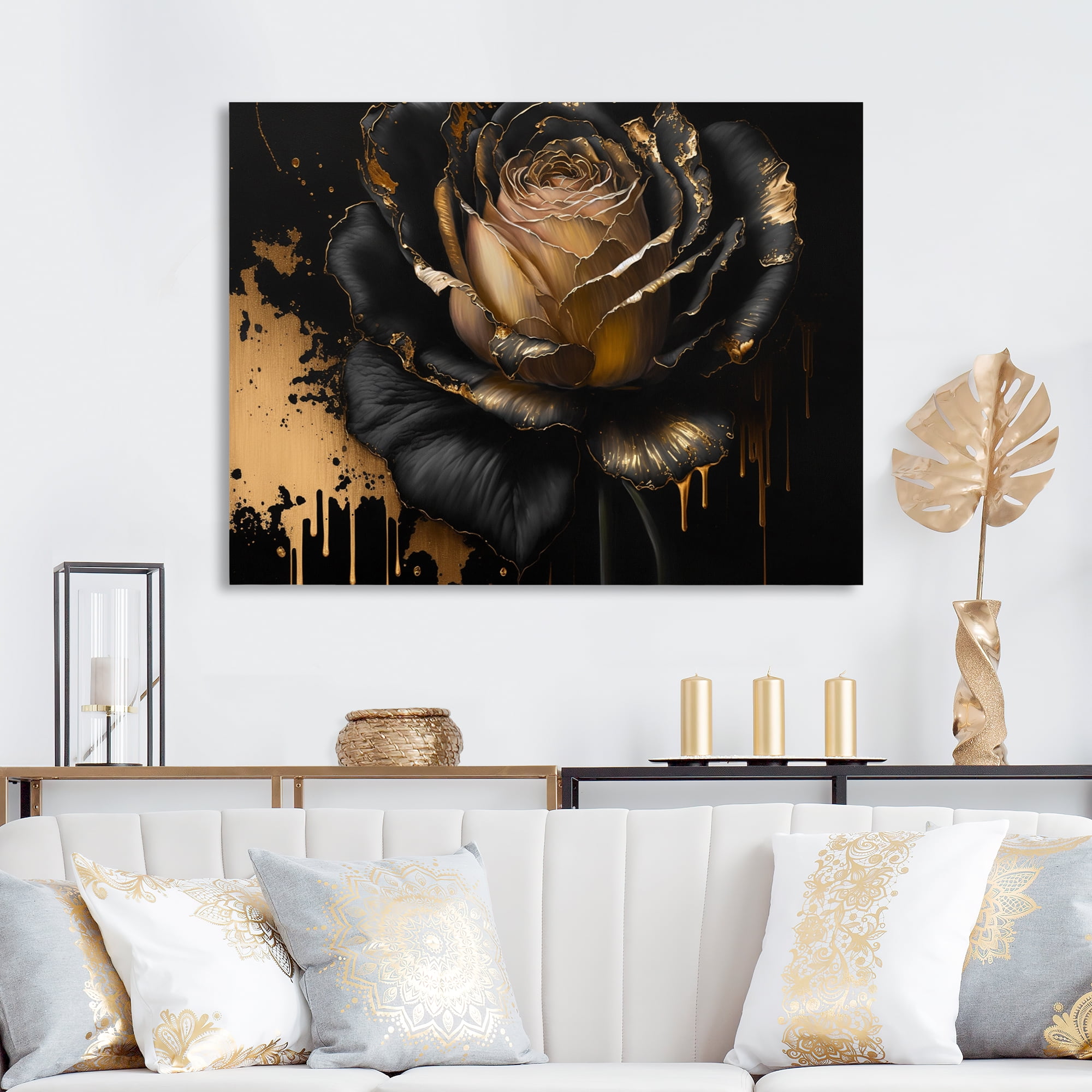 Designart Black And Gold Rose II Canvas Wall Art