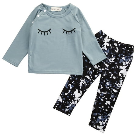 

Kiapeise Newborn baby girl 2 pieces cotton eyes long sleeve T-shirt + trousers suit clothes
