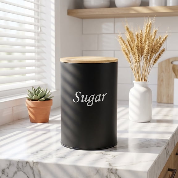 Liujiale Sealed Metal Coffee Canister ("Sugar") – Airtight Storage Jar for Coffee, Tea & Candy. Stainless Lid, Stylish Kitchen Black