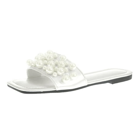 

Youmylove Women Slide Slippers Fashion Summer Simple Pearl Decoration Large Flat Beach Shoes Comfortable Non-Slip Sandals Leisure Ladies Cozy Daily Walking