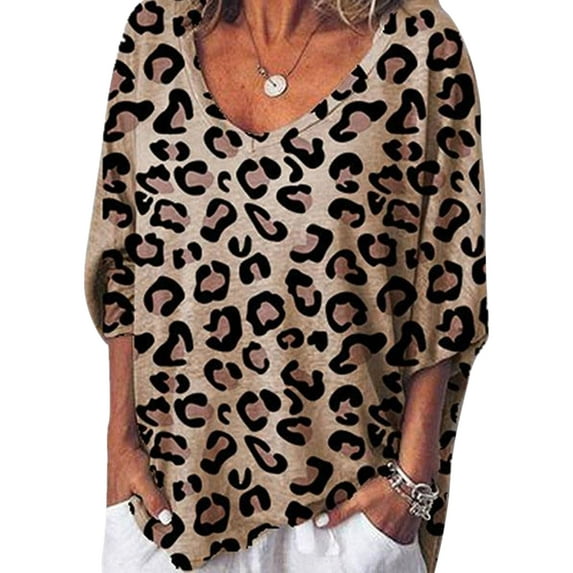 Gvmfive Women Leopard V Neck Elbow Length Sleeve Casual Loose Baggy Tops