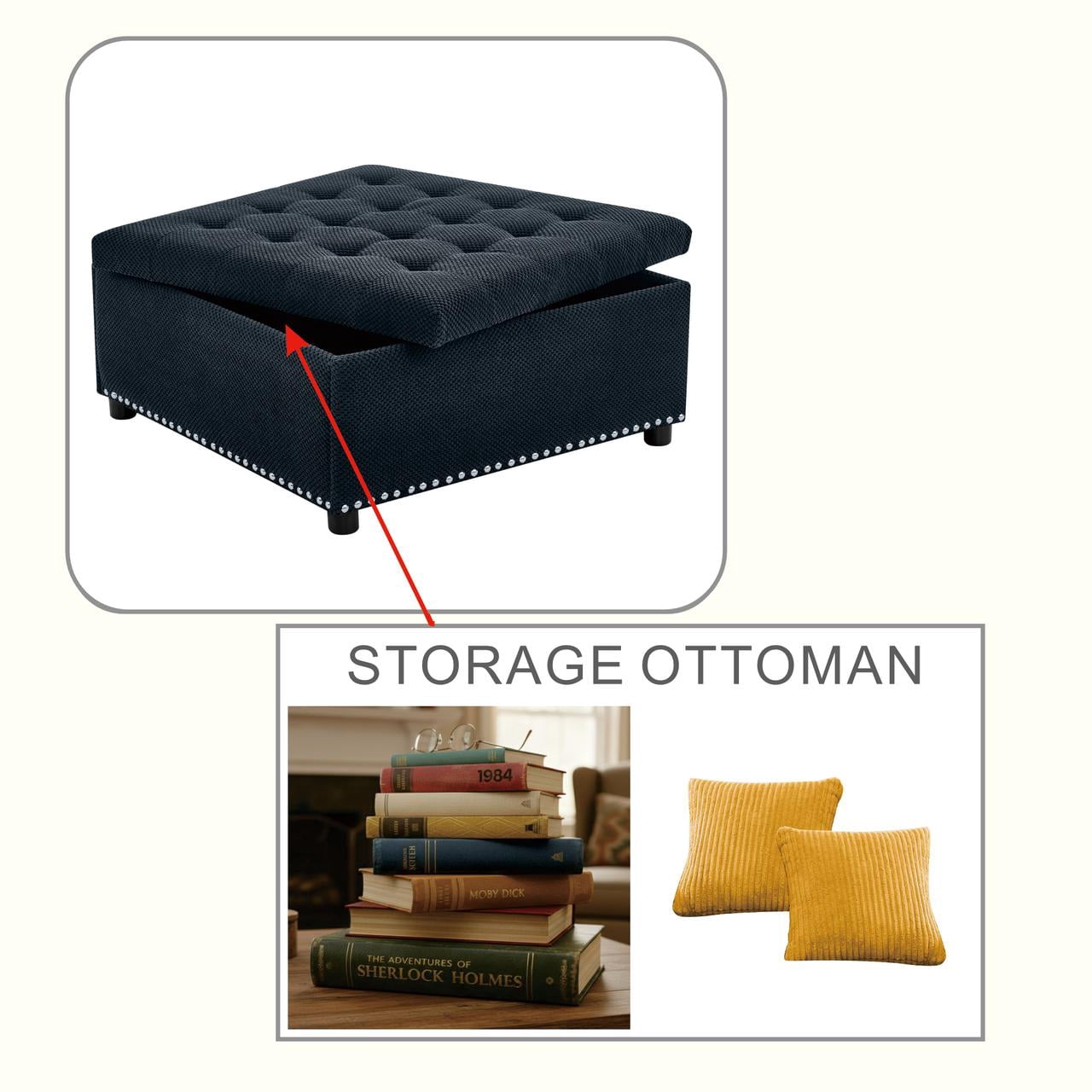 MOONMISS Square Storage Ottoman with Nailhead Trim , Upholstered Coffee Table for Bedroom Storage, Living Room Accent,Black
