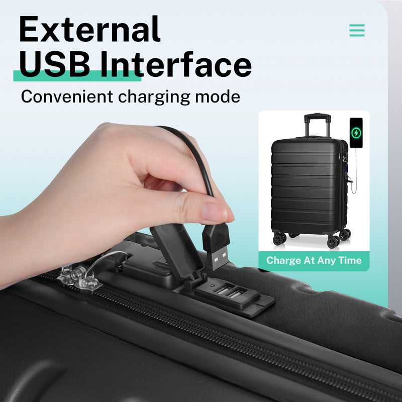Luggage Sets 2 Piece Hardshell Lightweight Carry on Luggage Cosmetic Case with wheels USB Port TSA Lock 14 20 inch Black