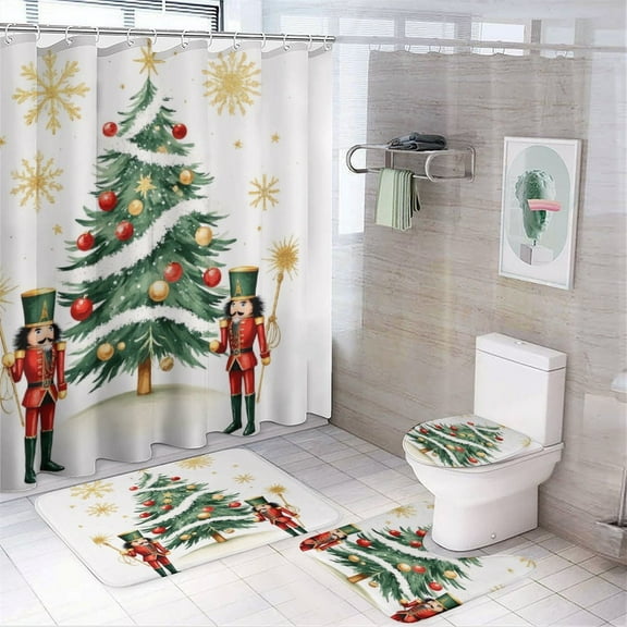 Christmas Tree And Nutcrackers Shower Curtain Set Modern Bathroom Decor Mats 4pcs Fabric Bathroom Curtain Slip Floor Rug Toilet Lid