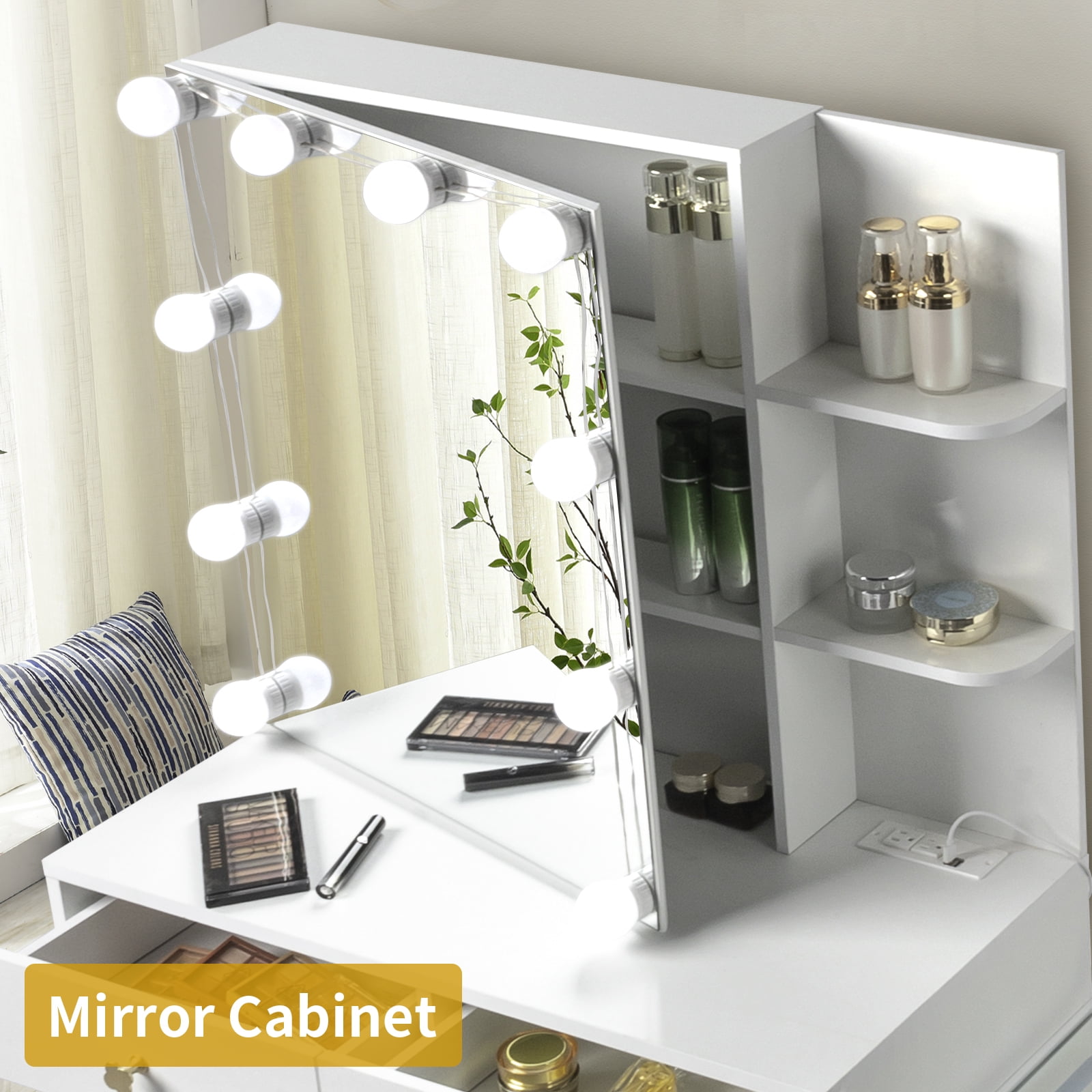 Ktaxon 3 Color Lighted Vanity Table Set, Makeup Table with LED Nightstand, Dressing Table with USB Charging Station, for Women, Female Bedroom, White