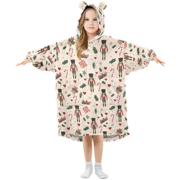 Wearable Blanket Hoodie for Kids Christmas Nutcracker Leave Heart Snowflake Flannel Hooded Blanket with Pockets and Sleeves Suitable for Boys and Girls