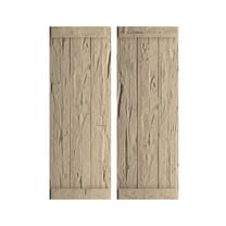 Ekena Millwork 16 1/2"W x 32"H Rustic Three Board Joined Board-n-Batten Hand Hewn Faux Wood Shutters w/End Batten (Per Pair), Primed Tan