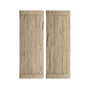 Ekena Millwork 16 1/2"W x 52"H Rustic Three Board Joined Board-n-Batten Hand Hewn Faux Wood Shutters w/End Batten (Per Pair), Primed Tan
