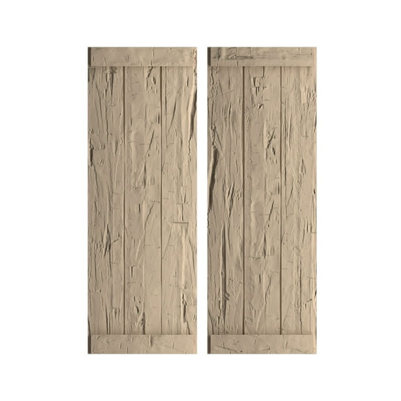 Ekena Millwork 16 1/2"W x 44"H Rustic Three Board Joined Board-n-Batten Hand Hewn Faux Wood Shutters w/End Batten (Per Pair), Primed Tan